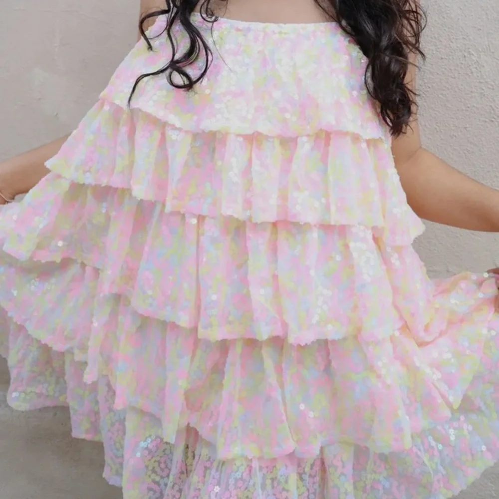 MABLE MARIAM MINI DRESS sequins ruffles sparkly size Small pink yellow pastel - Picture 12 of 15